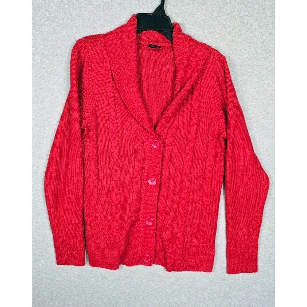 Faded Glory Girls  Sweater L 12-14 Red Cable Knit Shawl Collar Button Front